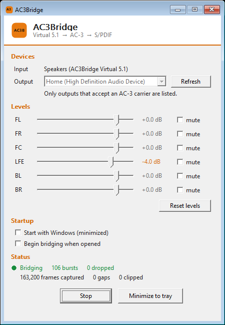 AC3Bridge control panel showing per-channel levels and the bridge running