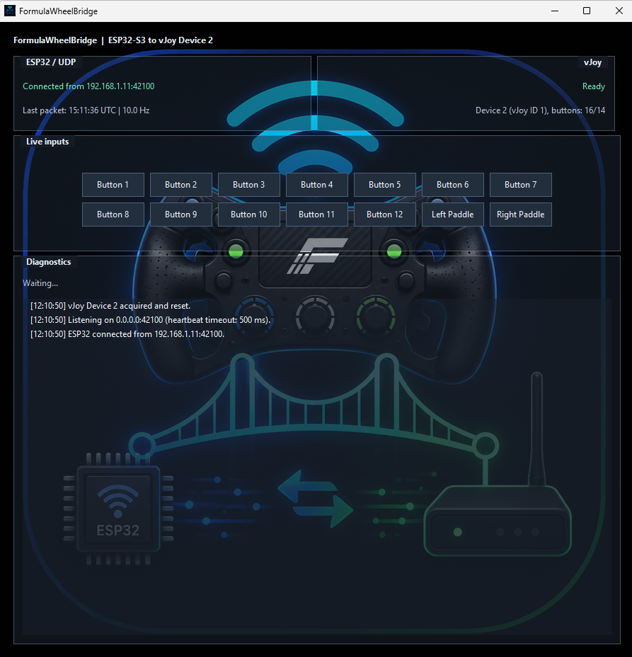 FormulaWheelBridge panel showing wheel inputs and the vJoy connection